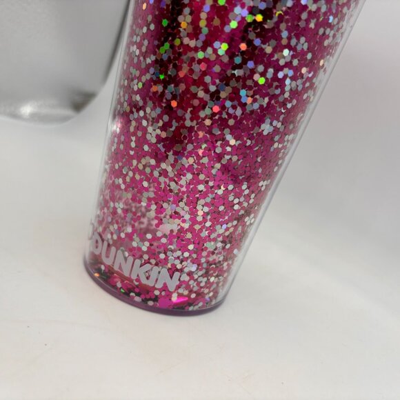 Dunkin Donuts I Love Dunkin Heart Glitter Coffee Cup Missing Straw Pink 24 oz - Picture 4 of 16